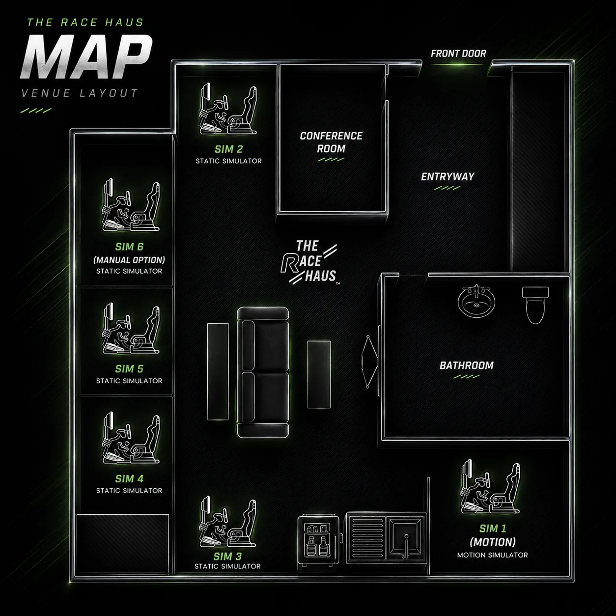 The Race Haus venue map showing simulator locations, conference room, lounge, and bathroom